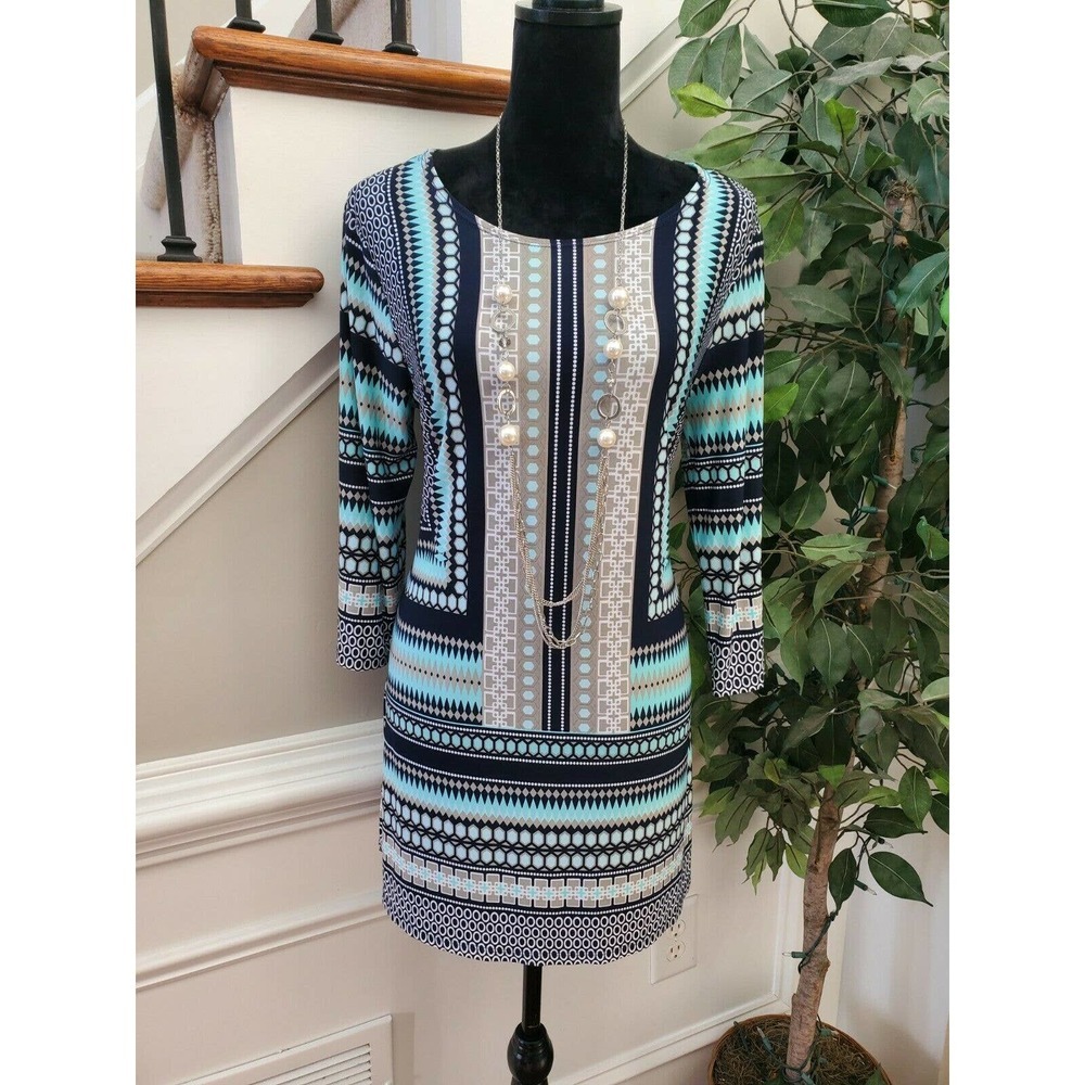Misia Womens Blue Polyester Round Neck Long Sleeve Knee Length Dress Size Medium
